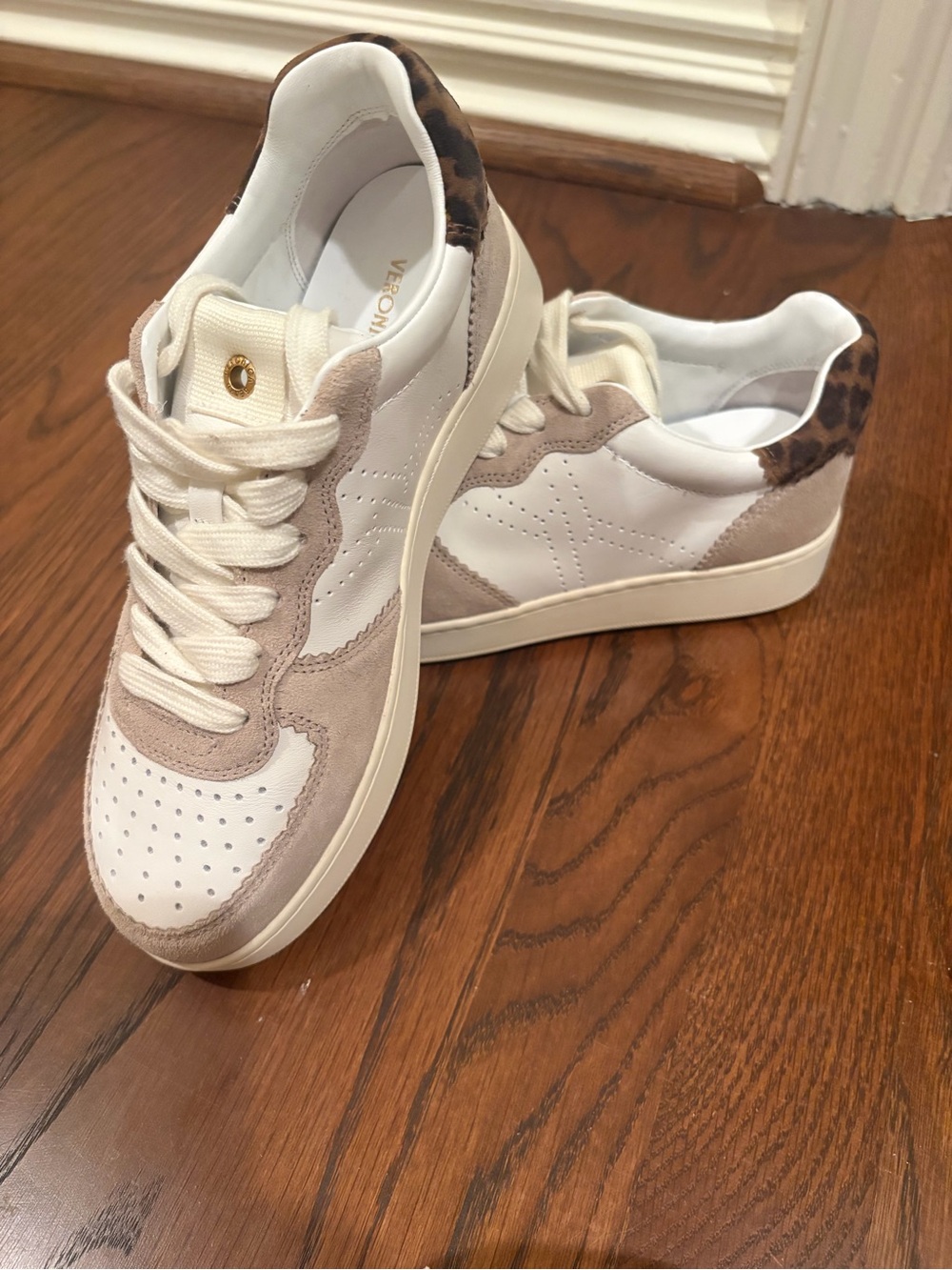 Veronica Beard Lennox sneaker White & Taupe Leather Sneaker with Leopard Heel